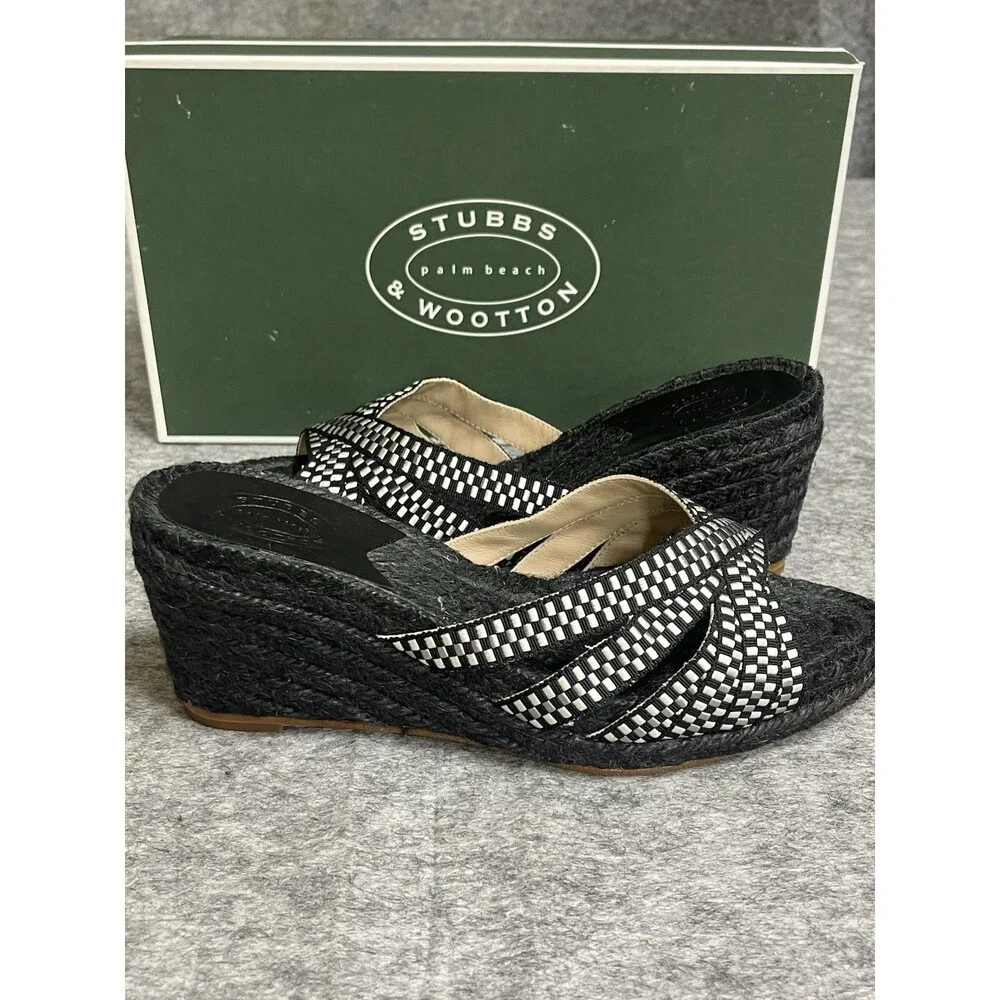 Stubbs Wooton Sandals Womens 7 Check Noir Kelly Espadrilles Wedges Rib Open Toe
